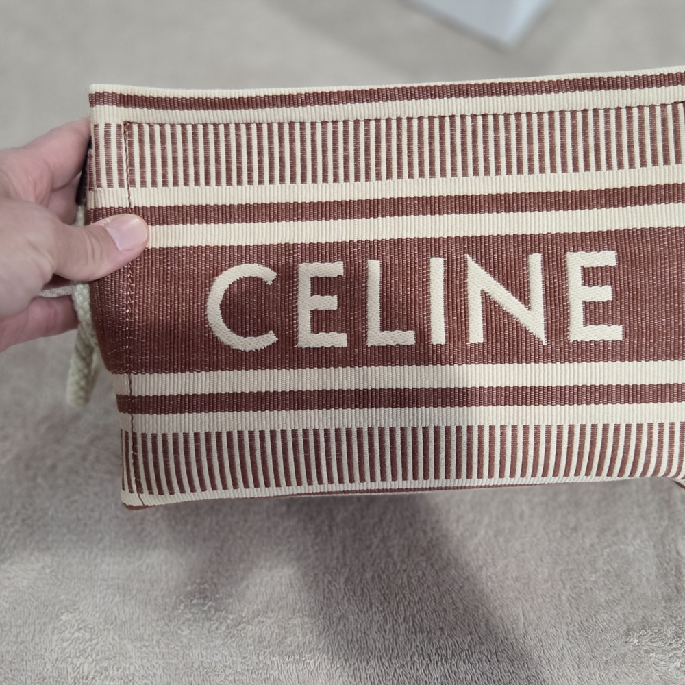 Celine Brown and Cream Striped Thais Pouch